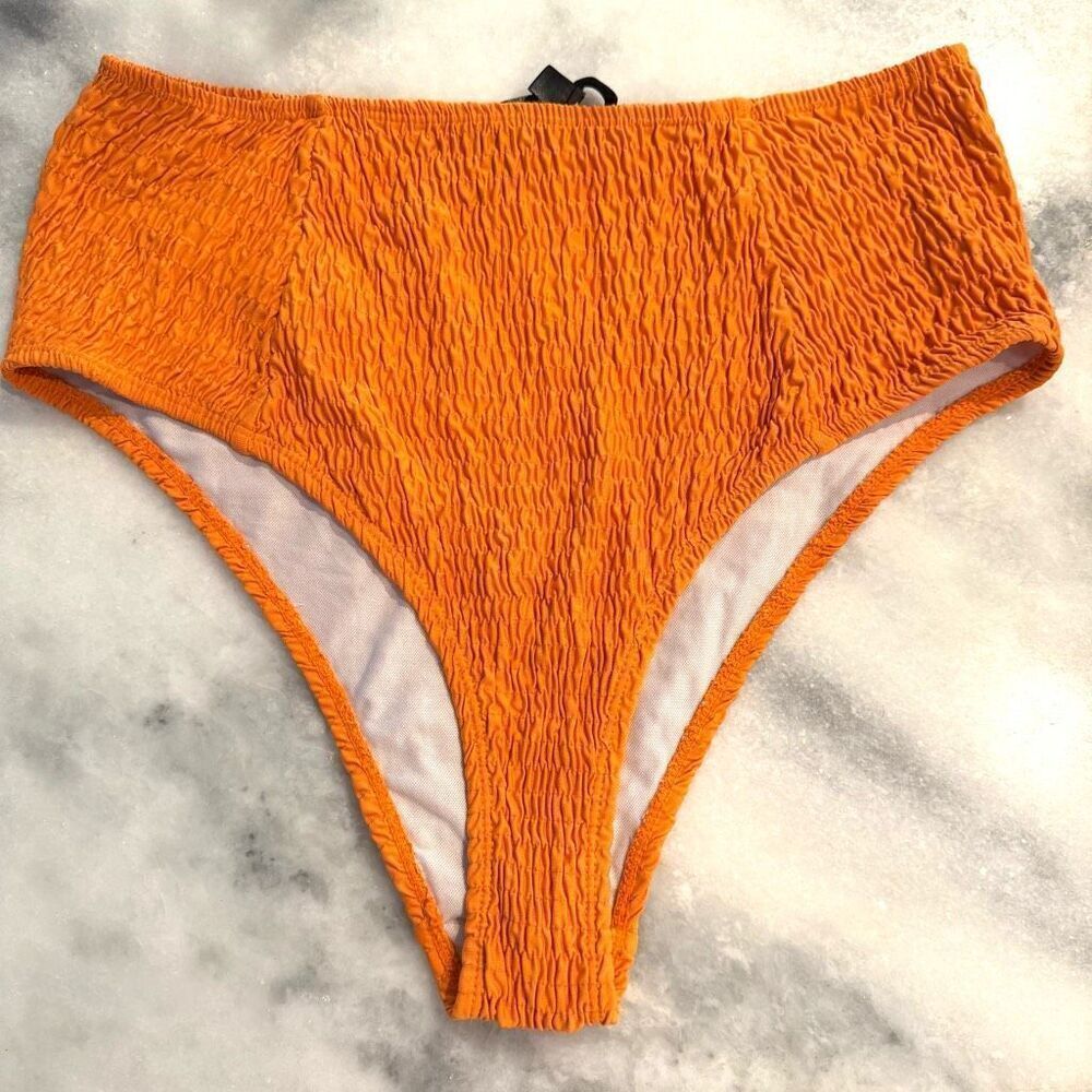 Missguided Crinkled Textured High Waisted Orange Swim Bikini Bottom Size 12 Plus